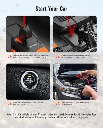 WOLLAR 4000A Jump Starter with 160PSI Air Compressor - Car Battery Jumper Starter, 88.8Wh Portable Tire Inflator, 12V Jump Box, 24000mAh Powerbank, Dual Flashlight for 8.5L Gas & 7.5L Diesel Engines - Thumbnail 6