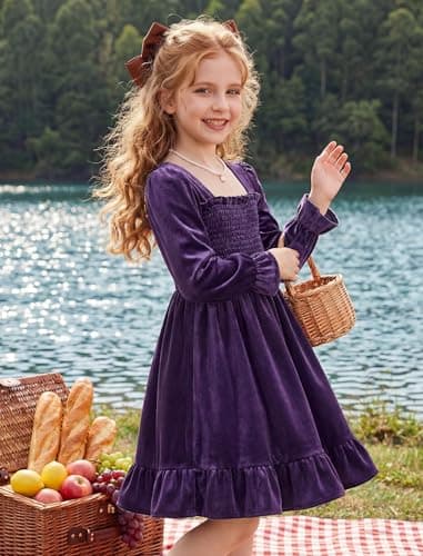 JiAmy Toddler Winter Dress Girls Velvet Long Sleeve Smocked Shirred Ruffle Flared Casual Dresses Purple 4-5Y - Thumbnail 4