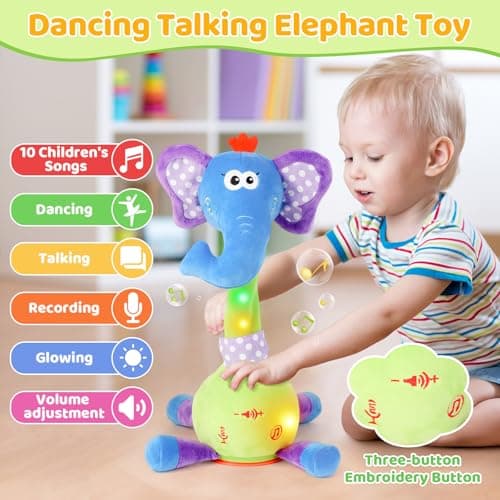 Dancing Talking Elephant Baby Toy, Elephant Stuffed Animal Interactive Toy, Repeating What You Say, Singing 10 Children's Song, Glow & Melody Elephant Plush Toy for Toddlers 1-3 Years Old (Elephant) - Thumbnail 2