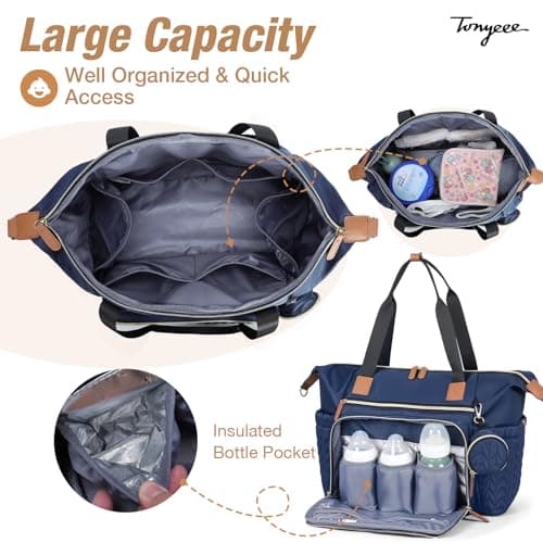 Tonyeee Diaper Bag Tote, Large Baby Diaper Bags Waterproof, Hospital Bag for Labor Delivery with Pacifier Case, Changing Pad, Shoulder Strap, Dark Blue - Thumbnail 3