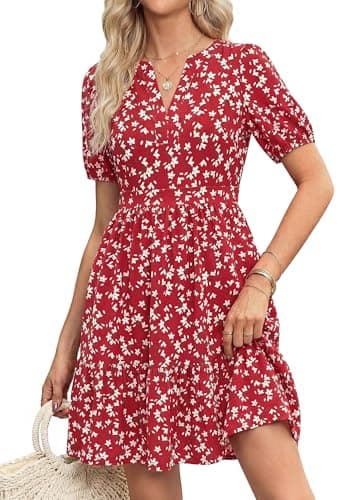 PRETTYGARDEN Womens Summer Floral Boho Dresses 2026 Casual V Neck Puff Sleeve A Line Flowy Beach Vacation Short Dress (Floral Wine Red,S) - Image 1