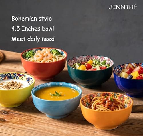 JINNTHE Bohemian Bliss 4.5-Inch Ceramic Bowls, Set of 4 - Colorful Dip Bowls, Salad Bowls, Snack Rice Bowls with Handcrafted Artisan Prints, Dishwasher & Oven Safe - Thumbnail 3