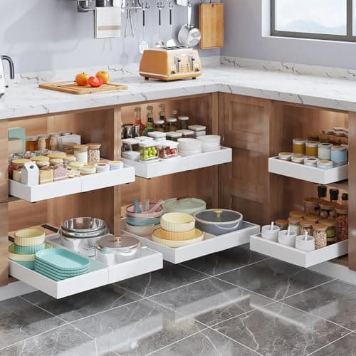 Tbzieoc 2-Pack Expandable Pull Out Drawers for Cabinets, 21" Deep Each, Adjustable 12–20" Width – Magnetic Dividers, Optional Riser, Heavy-Duty 3-Rail Glide, No-Drill Roll-Out Shelf Organizers, White - Thumbnail 2