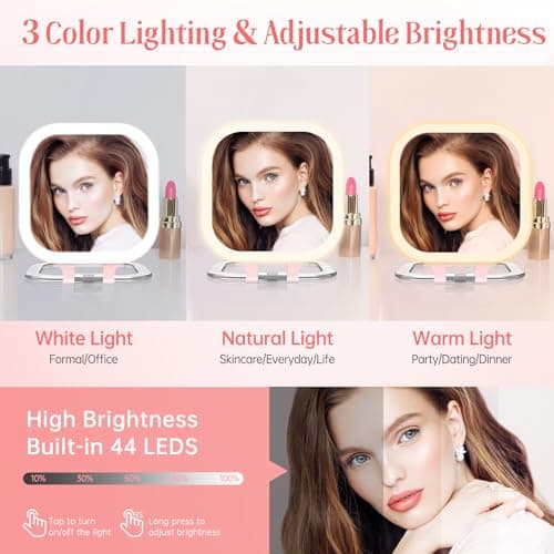 FASCINATE Rechargeable Travel Makeup Mirror 30X Magnification, 3.5" Lighted Portable Vanity Mirror with 3 Colors Lighting & Stepless Dimming, Double Sided LED Mirror, Gift for Women (Pink) - Thumbnail 4