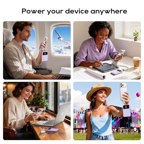 Kuulaa 10000mAh Portable Charger with Built-in USB-C & Lightning Cables, Slim Travel Power Bank with LED Display, 22.5W Fast Charging for iPhone 17/16/15/14/13/12 Android, Purple - Thumbnail 6