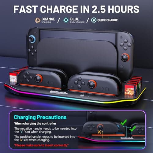 RunSnail Charging Dock for Nintendo Switch 2, Magnetic Fast Charger for 4 JoyCons with RGB Lighting, All-in-One Charging Station with 12 Game Card Storage Slots - Thumbnail 4