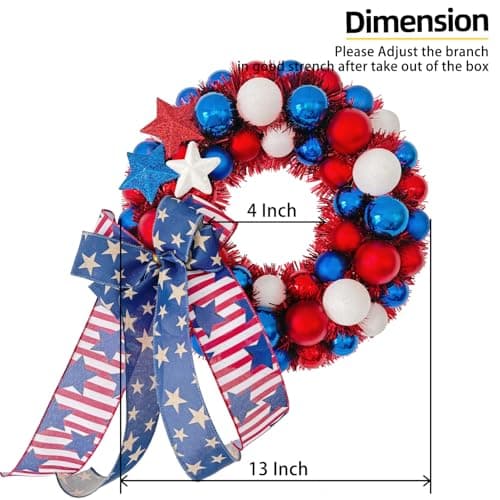 HipTree 13 Inch Patriotic Ball Wreath for Front Door with Lights, 4th of July Wreath with Red White Blue Stars & Ribbon for Memorial Day, Independence Day,Veterans Day, Flag Day,Summer Decorations - Thumbnail 2