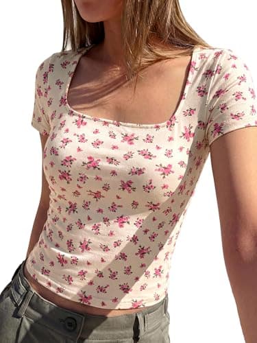 BTFBM Floral Square Neck Tops for Women 2026 Trendy Summer Outfits Short Sleeve Shirts Boho Top Beach Vacation Clothes(Beige Pink Flower, X-Large) - Image 1