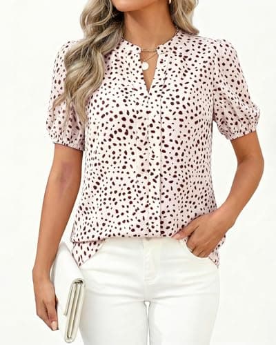 BTFBM Womens Tops 2026 Summer Casual Loose Puff Sleeve V Neck Floral Satin Work Blouse Dressy T Shirts Silk Tunics(Polka Dots Beige Brown,Medium) - Thumbnail 2