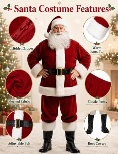 Ahititi Santa Claus Costume for Men Santa Suit Adults 11pcs Mens Deluxe Professional Christmas Clause Outfit Xmas Cosplay 3XL - Thumbnail 3