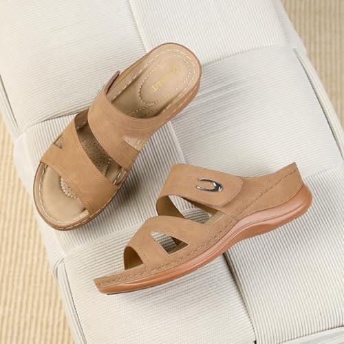 Goldnut Brown Wedge Sandals for Women Dressy, Slip On Womens Slide Comfortable Walking Platform Sandals Summer Size 7.5 - Thumbnail 6