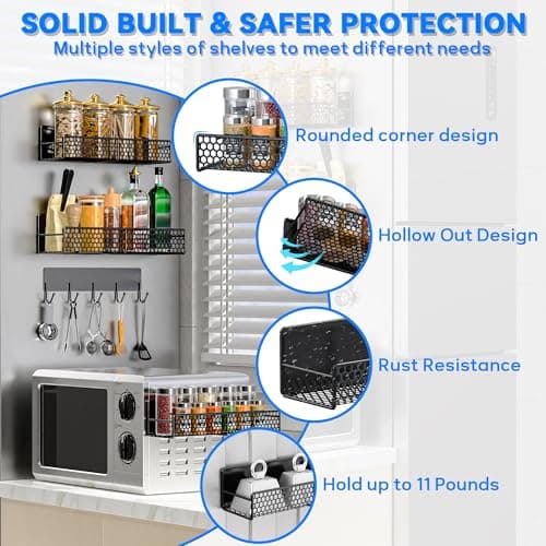 JulktLli 5 Pack Multifunctional Magnetic Shelves for Washing Machine & Refrigerator - Heavy Duty Laundry Room Organization System with Tool Hooks, Metal Storage Baskets (Black) - Thumbnail 4