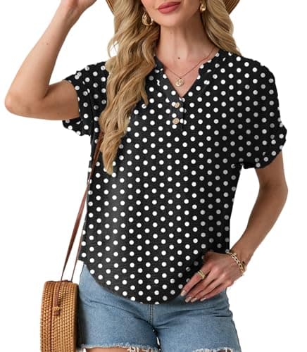 HiMONE Women’s Summer Tops Casual V Neck Short Sleeve Blouse Loose Fit Textured T Shirt Rolled Sleeve Lightweight Tunic Shirts - Image 1