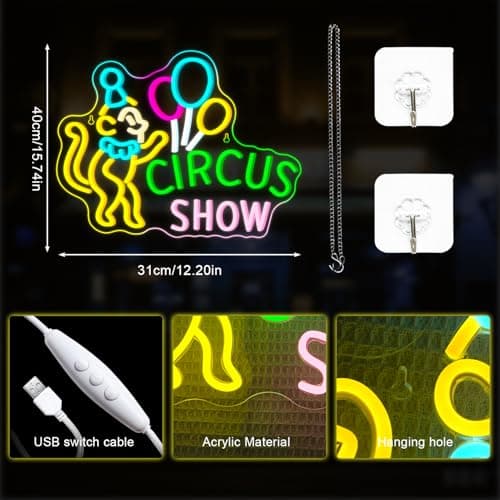 Lucunstar Monkey Neon Sign LED Circus Sign with Clown and Balloons for Theme Park LED Carnival Decor for Play Restaurant College Room Neon Light Animal Gifts for Circus Fans Teens - Thumbnail 6