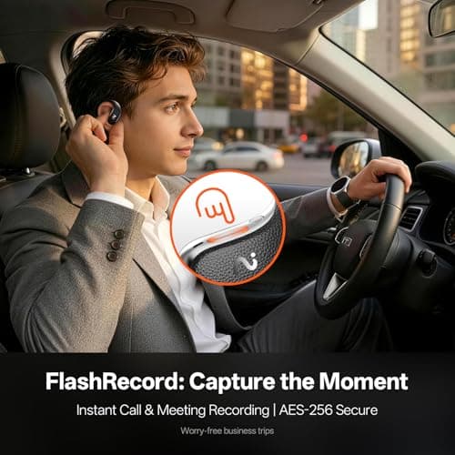 VIAIM OpenNote Professional AI Note Taker Earbuds, MFi Certified Open-Ear Voice Recorder, 53H Battery, Instant Call & Meeting Recording, Live Transcription & AI Summary, IP55, Black - Thumbnail 3
