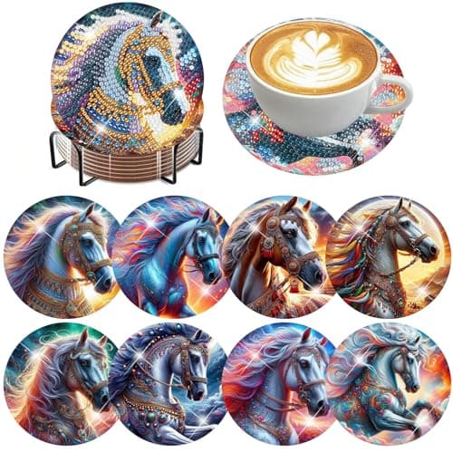 Zythron 8 PCS Diamond Art Coasters,Horse Diamond Painting Coasters Kits Sky Horse DIY with Holder DIY for Beginners, Adults, Diamond Art Kits for Adults Diamonds Art Crafts Supplies 4x4 in - Image 1