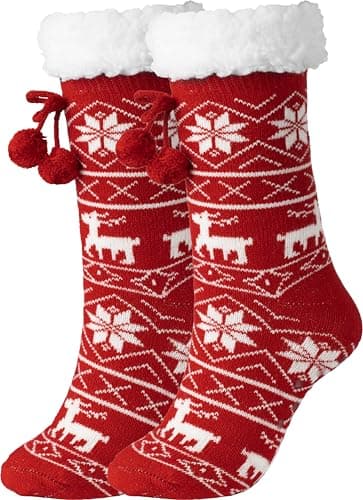 BenSorts Womens Slipper Socks Warm Lining Soft Cozy Fuzzy Winter Thick Stocking Stuffer Christmas House Socks with Non-Slip Grippers for ladies Gifts Christmas Red - Image 1