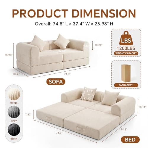 ceamorfco Boneless Couch, 74.8 Inch Modular Sofa Bed with Wide Armrest, Beige Corduroy Loveseat Sleeper with Removable Washable Cover, Comfy Floor Sofa for Living Room, Apartment, Office, No Assembly - Thumbnail 2