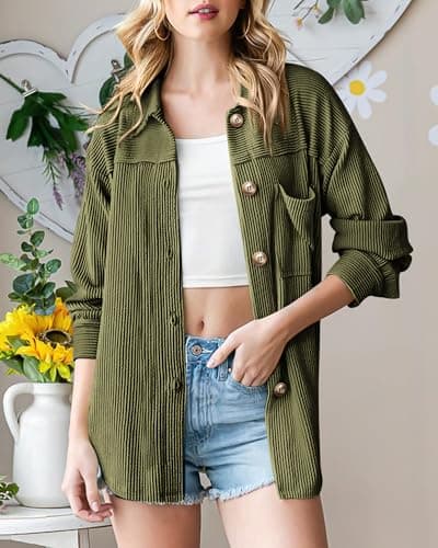 PRETTYGARDEN Women's Button Down Shirts 2026 Spring Long Sleeve Textured Tops Oversized Shacket Jacket Knit Blouses(Army Green,Large) - Thumbnail 2