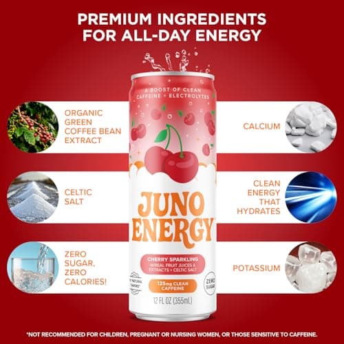 JUNO ENERGY Organic Cherry Sparkling Energy Drink - Sugar Free, Energizing and Hydrating with 125mg Organic Caffeine from Green Coffee Beans, Stevia, Organic Sour and Black Cherry Juice & Electrolytes - Vegan, Gluten Free, 12 Pack - Thumbnail 5