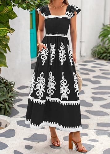 BTFBM Summer Dresses for Women 2026 Casual Floral Boho Sleeveless Square Neck A Line Flowy Beach Maxi Sundress Pockets(Black White Flower, Medium) - Thumbnail 2