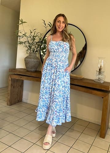 Women's 2025 Summer Floral Boho Dress Square Neck Strapped Swing A Line Beach Long Maxi Dress with Pockets Blue Floral L - Thumbnail 4