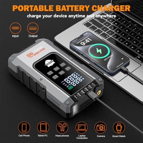 6000A Jump Starter with Air Compressor 160PSI Tire Inflator, 12V Car Battery Fast Charge Portable Jump Starter for All Gas/10L Diesel, Jump Box Pack with 3 Modes Flashlight and Jumper Cables - Thumbnail 5