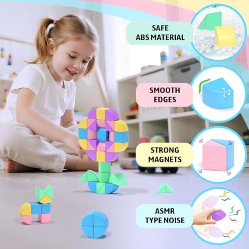 Hiwawind 40Pcs Magnetic Blocks, 1-Inch Soft Rainbow Magnetic Cubes (Triangles & Quarter Circles), Montessori Sensory Autism Toys for Boys & Girls, for Kids Ages 3+ - Thumbnail 2