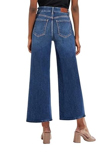 Genleck Women's Wide Leg Jeans – Trendy Cropped Loose Jeans High Waisted Stretchy Capri Denim Pants Baggy Trousers 2024(Marines Blue, 12) - Thumbnail 5