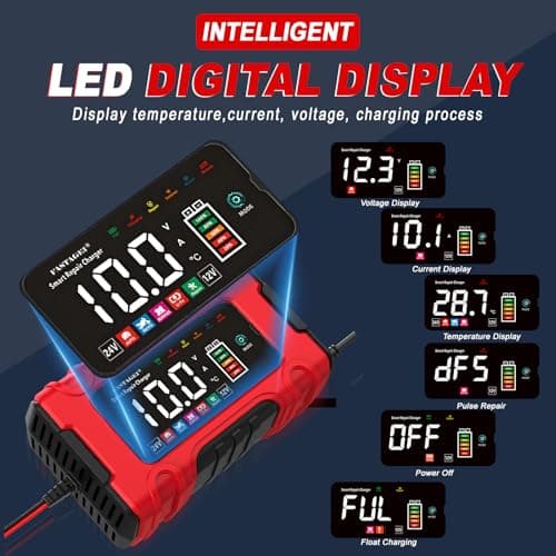 FASTAGEI LiFePO4/Lead Acid Battery Charger Smart Battery Trickle Charger 12V/24V 10A/5A Automotive Battery Maintainer Desulfator Temp Compensation for Car Truck Motorcycle Lawn Mower Marine RV - Thumbnail 2