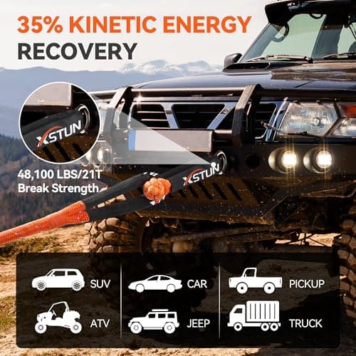 XSTUN 1" Kinetic Recovery Rope 48100lbs Breaking Strength, 30ft Snatch Rope with 35% Stretch, Offroad Tow Rope Kit with Level 5 Cut-Resistant Gloves, Compatible with Jeep, Truck (Orange) - Thumbnail 5