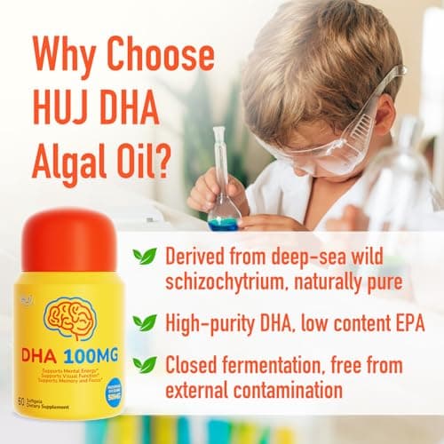 HUJ DHA 100mg - Kids DHA Supplemnent - Algal Oil - Contain DHA, Phosphatidyserine & GABA - Supports Mental Energy，Visual Function，Memory and Focus* - 60 Softgels - Thumbnail 4