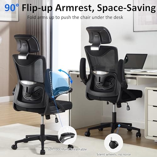 Fizzin Ergonomic Office Chair,Ergonomic Desk Chair with Headrest Mesh Computer Chair with High Back Adjustable Lumbar Support, Rolling Swivel Chairs with Wheel Armrests for Home Office,Black - Thumbnail 6