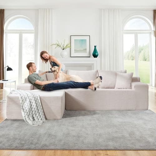 105" Cloud Modular Sectional Couch with L-Shape Chaise, Upholstered Corduroy Couches for Living Room, No Assembly Required Deep Seat Boneless Sofa (Beige, Left Facing Chaise) - Thumbnail 4