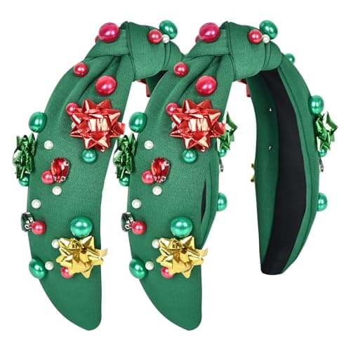 Krfapt Jeweled Plaid Headband with Embellished Crystals and Pearls - Knotted Wide Top Knot Hair Accessory for Women, Holiday Outfits & Gifts （Green） - Thumbnail 6