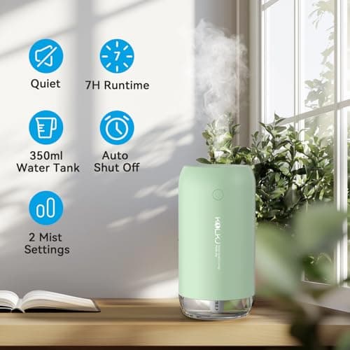 KQLKJ Portable Mini Humidifier, 350ml Small Cool Mist Humidifier for Plants, USB Personal Desktop Humidifier for Bedroom Car Office Travel with Auto Shut-Off & 2 Mist Modes (Green) - Thumbnail 2