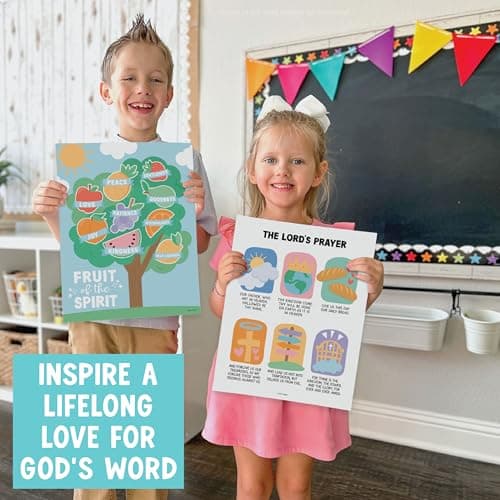 Hadley Designs Sunday School Decorations for Classroom –9 Bible Posters for Kids, Books of the Bible, 10 Commandments, Bible Timeline Chart, Fruits of the Spirit, Pastel Christian Classroom Decor - Thumbnail 4