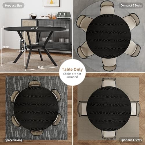Black Dining Table for 2-4, 42 Inch Round Kitchen Table with Storage, Wooden Circle Dinner Table with Metal Legs, Rustic Mid Century Modern Dining Room Tables for Kitchen, Living Room, Dining Room - Thumbnail 5