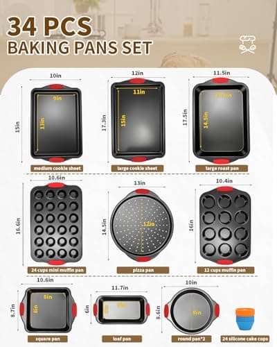 Ymiton Baking Pans Set with Silicone Handles, 34 PCS Nonstick Bakeware Sets, Oven Pan Set Includes Baking Tray, Cookie Sheet, Cake Pans, Loaf Pan, Muffin Pan, Pizza Pan - Thumbnail 4