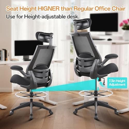 BOLISS Drafting Office Chair 400lbs High Back Wide Standing Desk Chair Comfortable with Flip up Armrests Lumbar Support Adjustable Big Footrest Ring(Black) - Thumbnail 5