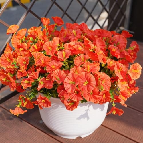 maxkes Artificial Flowers for Outdoors, UV Resistant Fake Silk Morning Glory, Realistic Faux Plants for Outside Porch Patio Window Box Hanging Planter (16, Orange) - Image 1