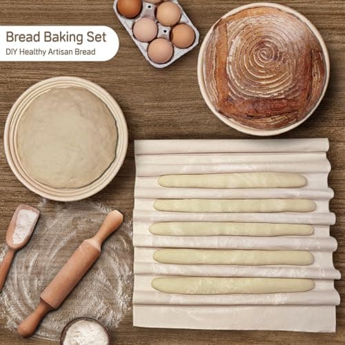 Bread Proofing Basket Set of 2: 9.8 Inch Sourdough Proofing Baskets with 17"x29" Proofing Cloth for Bread Baking, 2 Proofing Bowls and Bread Couthe Cloth for Baguettes, Loaves - Thumbnail 2