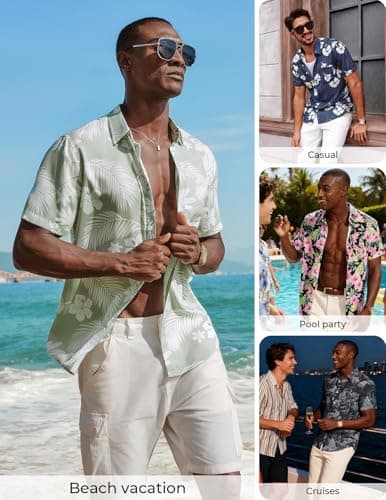 PJ PAUL JONES Mens Hawaiian Shirt Short Sleeve Button Down Shirts Beach Resort Casual Tropical Shirts with Pocket Palm Leaf Print - Thumbnail 2