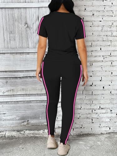 BNGPIKLY Women Summer Two Piece Outfits Striped Short Sleeve Pullover Long Pants Tracksuit Pajama Lounge Set BlackRose M - Thumbnail 4