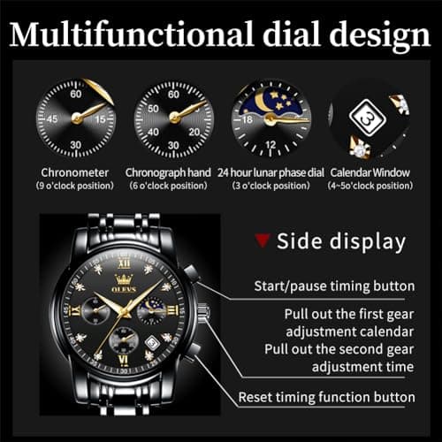 OLEVS Watch Men Black Watches for Men Luxury Analog Quartz Wrist Chronograph Dress Waterproof Mens Watches Big Face Moon Phase Business Fashion Metal Stainless Steel Reloj para Hombre Originales - Thumbnail 6