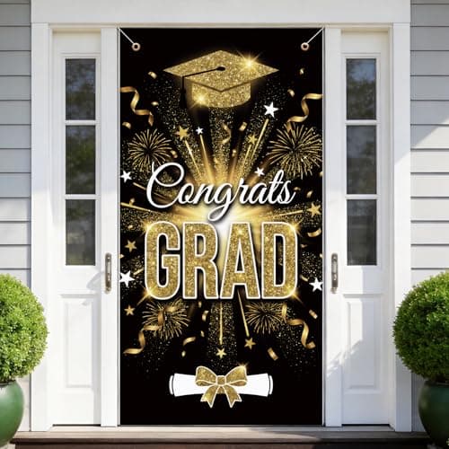 Lednica Graduation Door Banner Decorations, Black & Gold, 71x35'' Congrats Grad Door Cover for High School & College, Class of 2026 Porch Sign with Graduation Cap for Party Supplies & Photo Props - Image 1