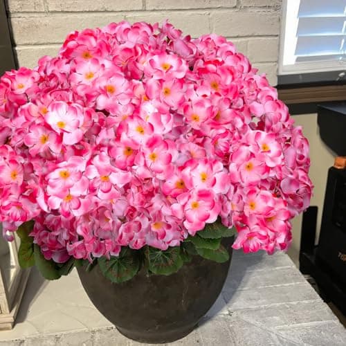 BSMYBO 6PCS Artificial Geraniums Outdoor Flowers, Faux Pink Geraniums Artificial Flowers Plants Outdoor UV Resistant Plants, Realistic Silk Flowers for Cemetery, Front Porch Decor, Table Centerpiece