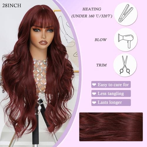 Barbique Burgundy Wig, Long Wavy Wig with Bangs, Glueless Wig Natural Hairline, Ready to Wear for Work Party Daily Use Beginner Friendly - Thumbnail 3
