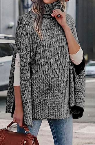 KIRUNDO Women's 2026 Fall Winter Turtleneck Poncho Sweater Fashion Chunky Knit Cape Wrap Sweaters Pullover Jumper Tops(Grey, X-Large) - Thumbnail 3