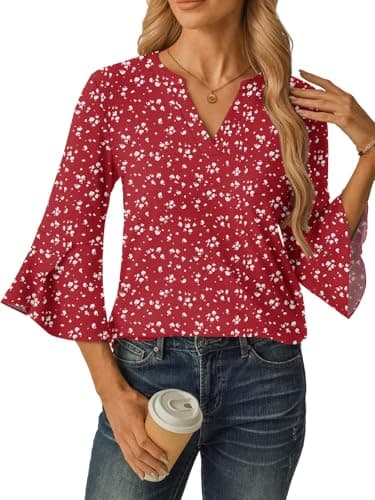 GKBK Women's Blouses Ruffle 3/4 Sleeve Dressy Top V Neck Casual Tunic Blouses Business Shirts Red M - Thumbnail 3